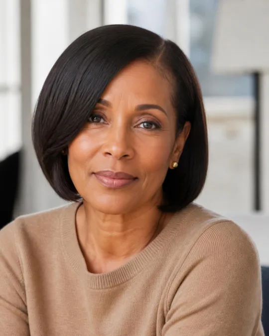 Chin-length blunt bob with a deep side part – Bobs for Women Over 50 With Fine or Thin Hair