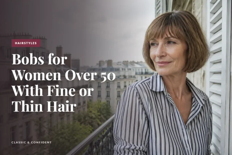 Woman over 50 with fine hair in a chin-length French bob with a soft fringe on a Paris balcony