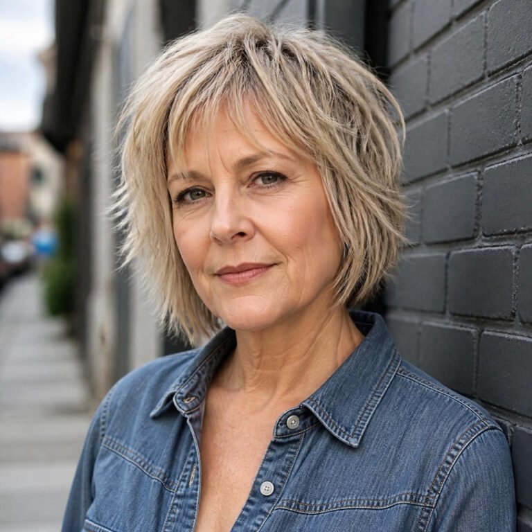 Woman in her 50s with a choppy shaggy bob in fine blonde-grey hair