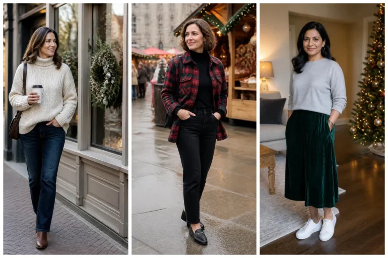 Three casual Christmas outfits for women over 40: cable sweater and jeans, plaid shacket, velvet skirt with sweatshirt