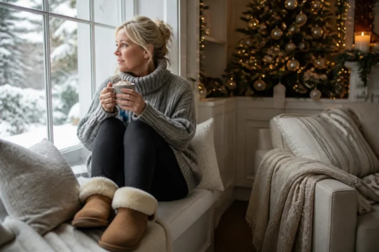 Woman over 50 in a gray turtleneck sweater and leggings with a mug by a Christmas tree