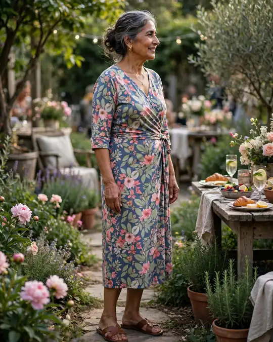 Printed wrap dress with flat sandals – Casual Dresses for Women Over 60