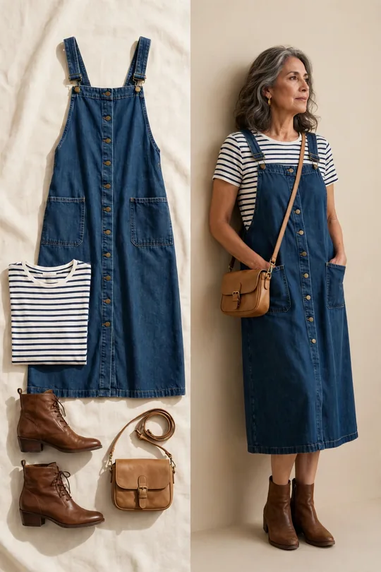 Denim pinafore over a striped tee – Casual Dresses for Women Over 60
