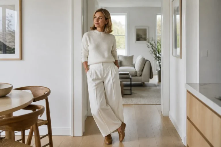 Woman over 50 in a cream knit sweater and ivory wide-leg trousers in a bright minimalist apartment