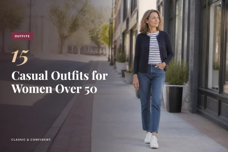 Woman over 50 in straight jeans, a Breton tee and navy cardigan walking down a sunny street