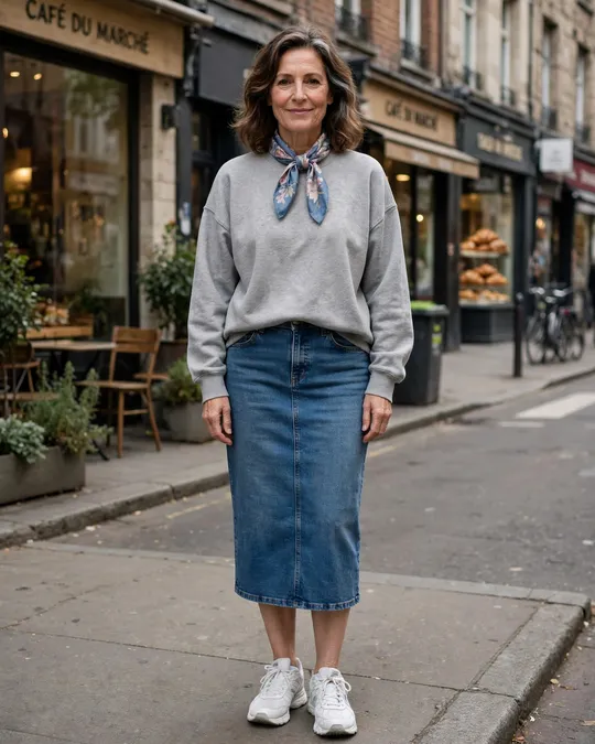 Denim midi skirt, oversized sweatshirt and silk scarf – Casual Outfits for Women Over 50