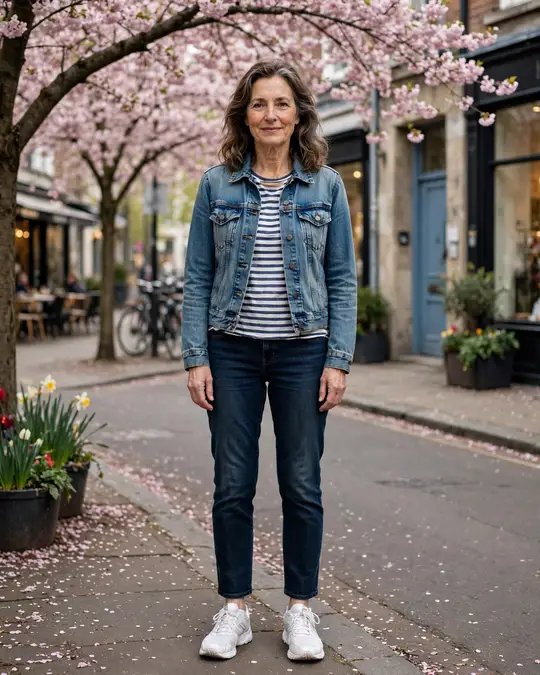Spring: denim jacket, striped tee and dark jeans – Casual Outfits for Women Over 50