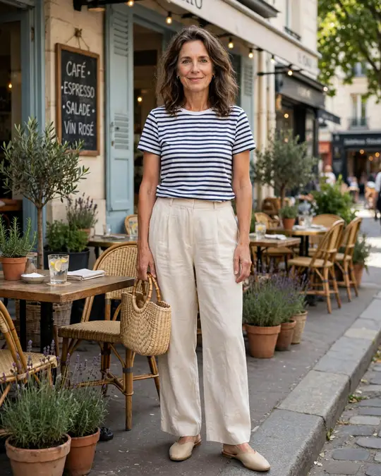Summer: linen trousers, Breton tee and flat mules – Casual Outfits for Women Over 50