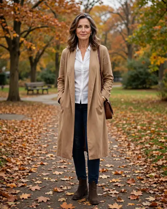 Autumn: duster coat, fitted white shirt and dark jeans – Casual Outfits for Women Over 50