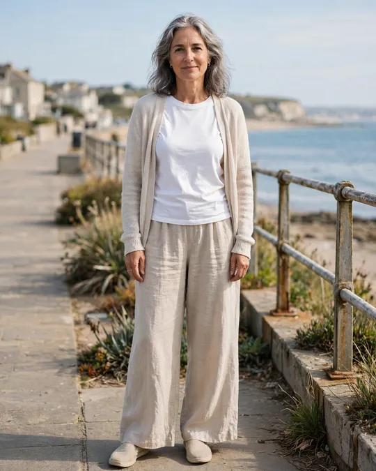 Linen pants, tee, cardigan and rubber-soled slip-ons – Casual Outfits for Women Over 50
