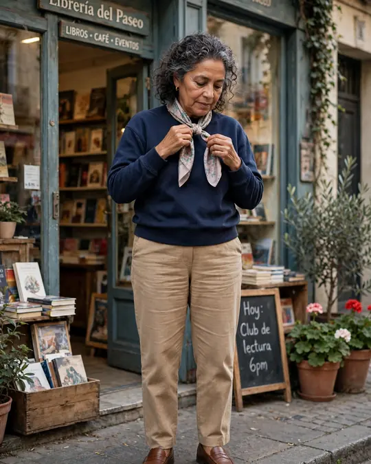 Sweatshirt, straight trousers and a silk scarf – Casual Outfits for Women Over 60