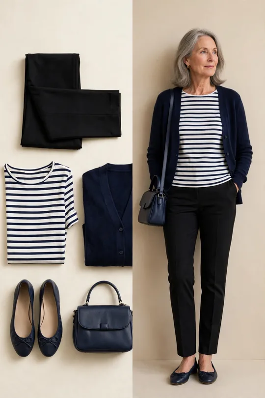 Ponte trousers, Breton top and ballet flats – Casual Outfits for Women Over 60