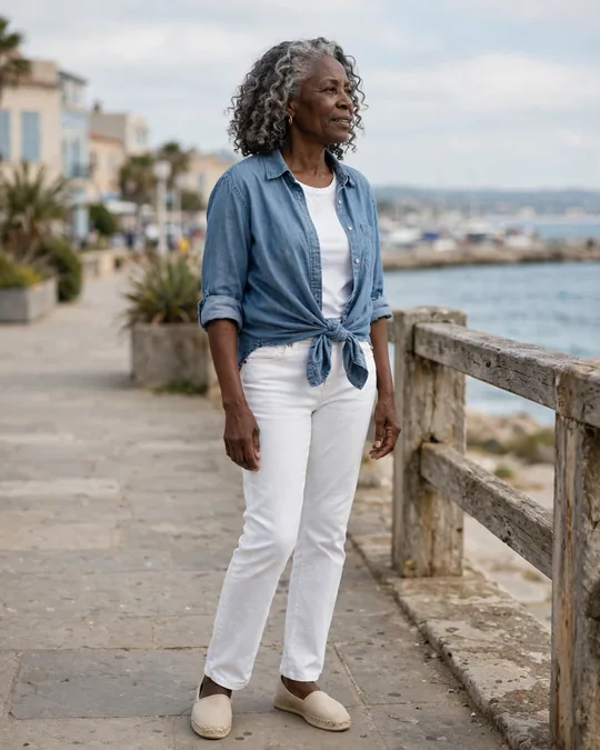 Denim shirt, white jeans and espadrilles – Casual Outfits for Women Over 60