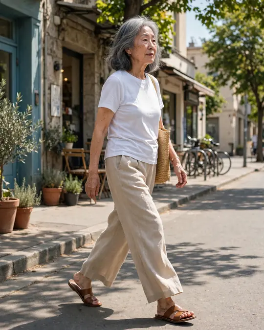 Linen trousers, tee and flat sandals – Casual Outfits for Women Over 60