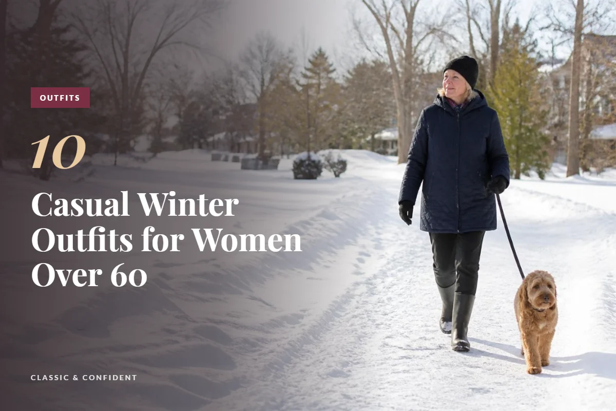 Woman over 60 in a quilted jacket and winter boots walking a dog on a snowy path