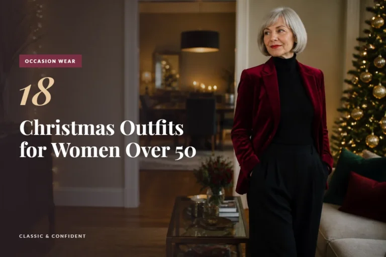 Woman over 50 in a red velvet blazer and black trousers in a living room decorated for Christmas