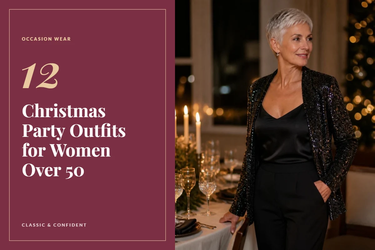 Woman over 50 with a silver pixie in a sparkly evening jacket and black trousers at a holiday party