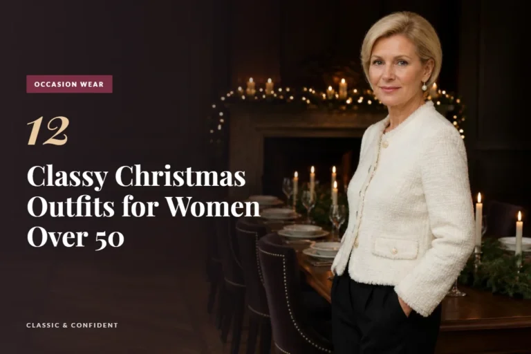 Woman over 50 in an ivory boucle jacket and black trousers in a candlelit dining room at Christmas