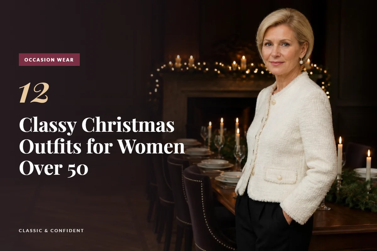 Woman over 50 in an ivory boucle jacket and black trousers in a candlelit dining room at Christmas
