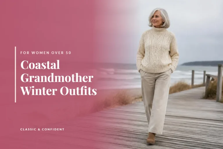 Woman in a cream fisherman sweater on a winter boardwalk – Coastal Grandmother Winter Outfits