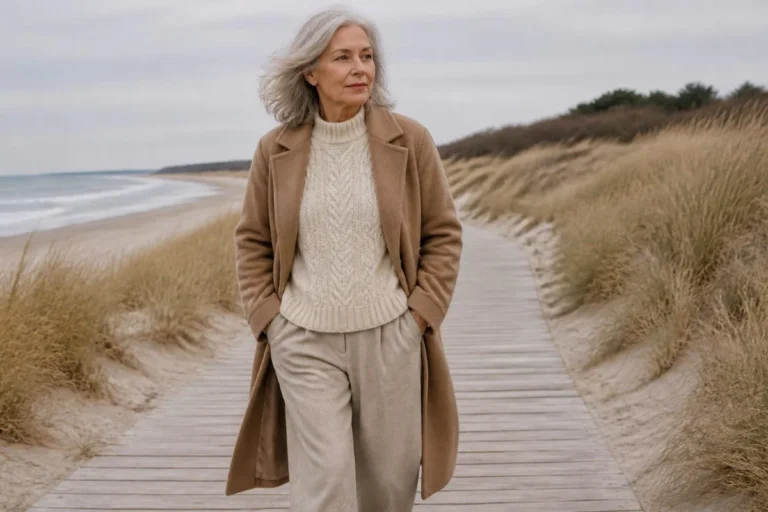 Woman over 60 in a cream fisherman sweater and camel coat walking on a winter beach boardwalk
