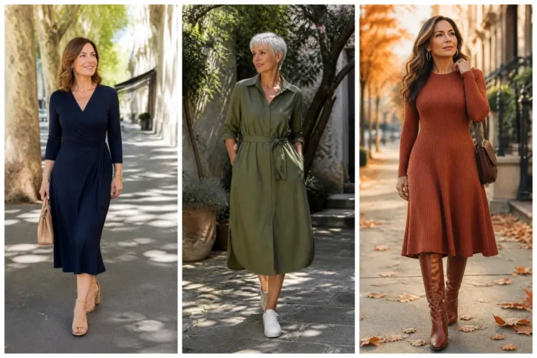 Three women over 50 in a navy wrap dress, an olive shirtdress and a rust knit midi dress