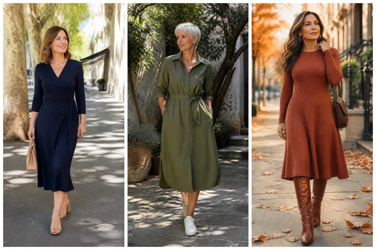 Three women over 50 in a navy wrap dress, an olive shirtdress and a rust knit midi dress