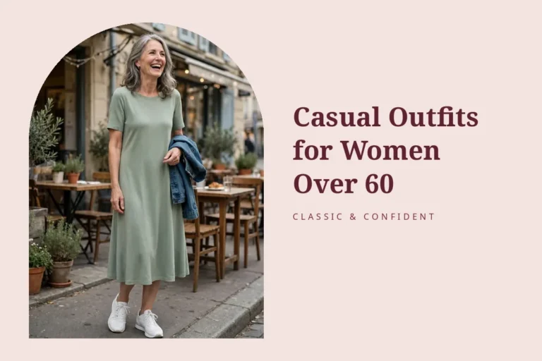 Woman in her 60s laughing in a sage jersey midi dress and white trainers – Casual Outfits for Women Over 60