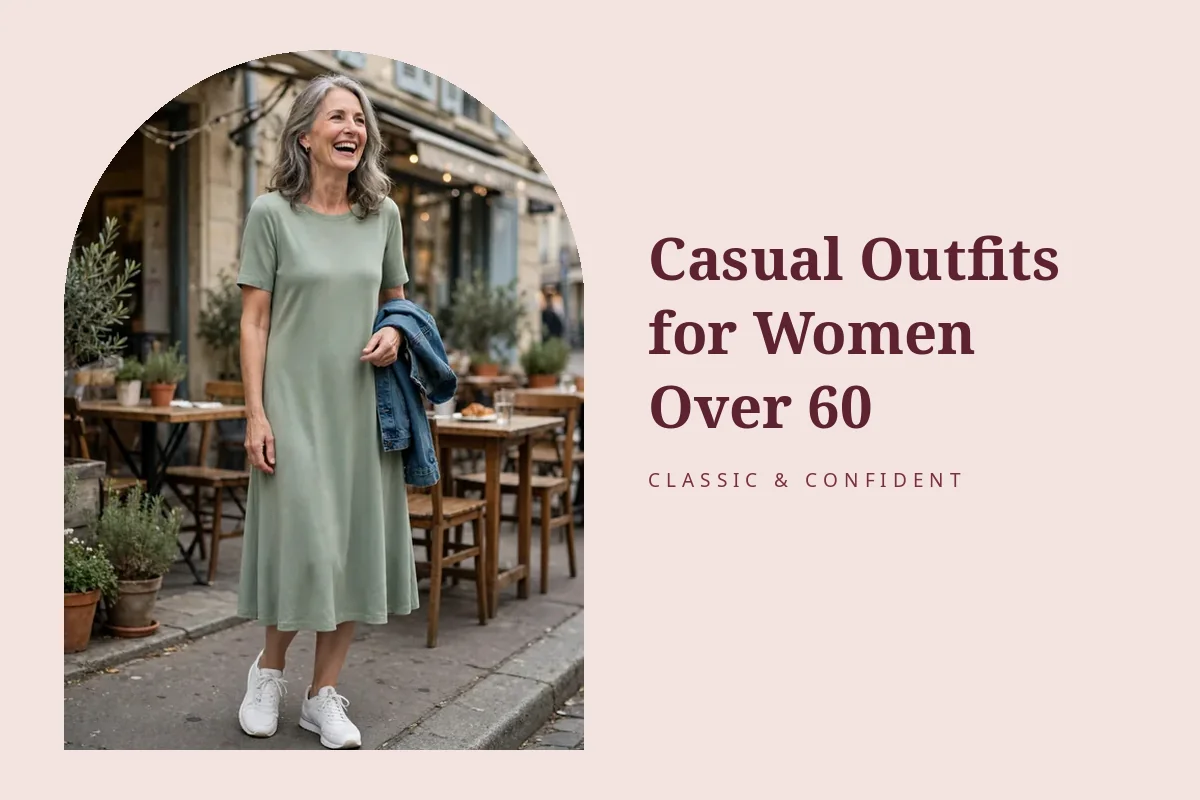 Woman in her 60s laughing in a sage jersey midi dress and white trainers – Casual Outfits for Women Over 60