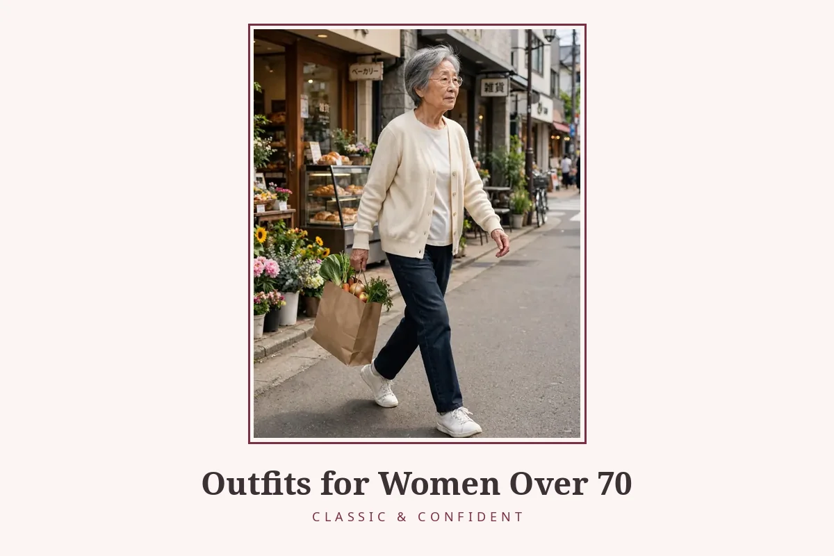 Woman in her 70s in straight jeans and a cream cardigan – Outfits for Women Over 70