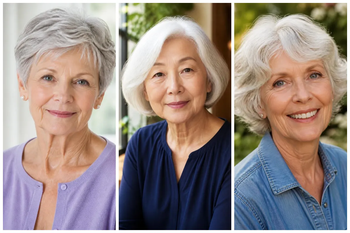 Three women over 70 with a short silver pixie, a white chin-length bob and short wavy silver curls
