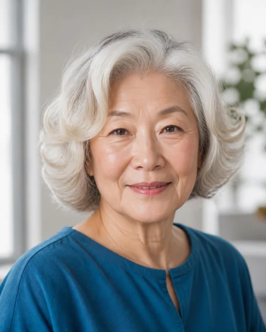 Hot-roller curls on a chin-length bob – Hairstyles for Women Over 70 With Fine or Thin Hair