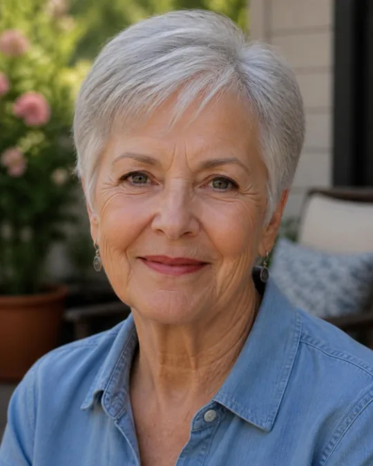 Natural silver pixie with a gloss – Hairstyles for Women Over 70 With Fine or Thin Hair
