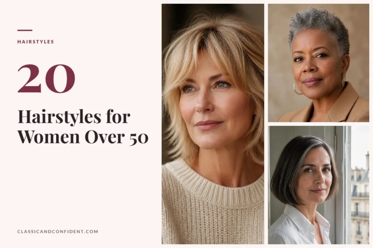 Three women over 50 with a layered blonde shag, a short silver natural cut and a sleek brunette bob
