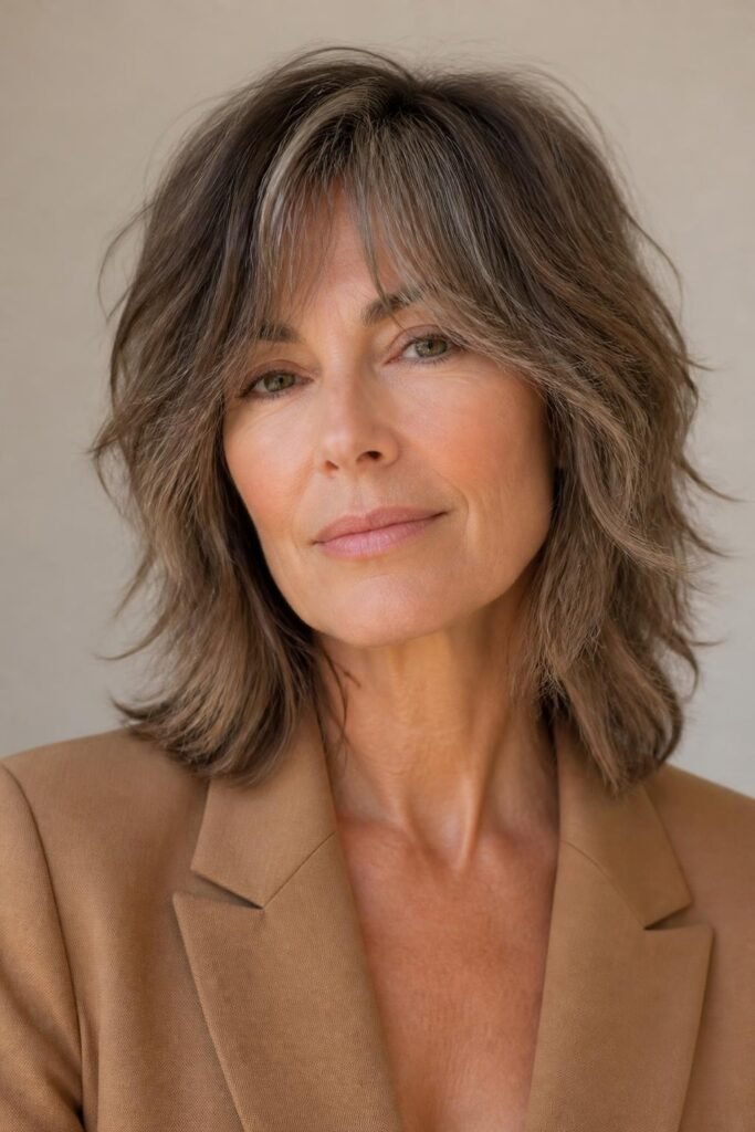 Woman over 50 with a layered shag haircut in warm brown with soft highlights