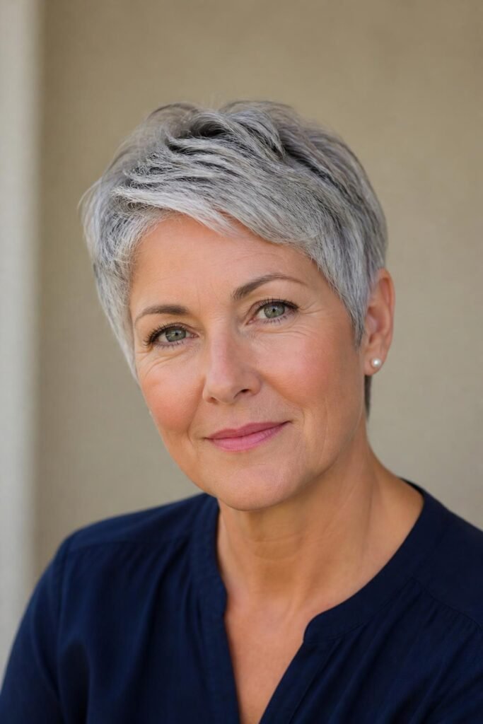 Woman over 50 with a short silver pixie cut