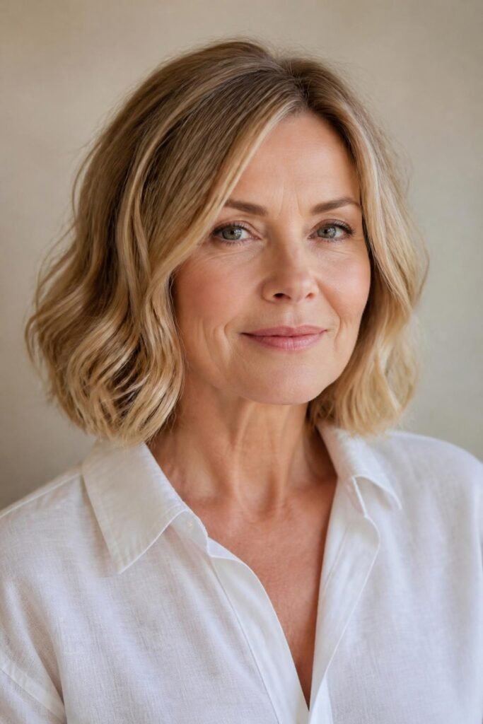 Woman over 50 with a soft wavy blonde bob
