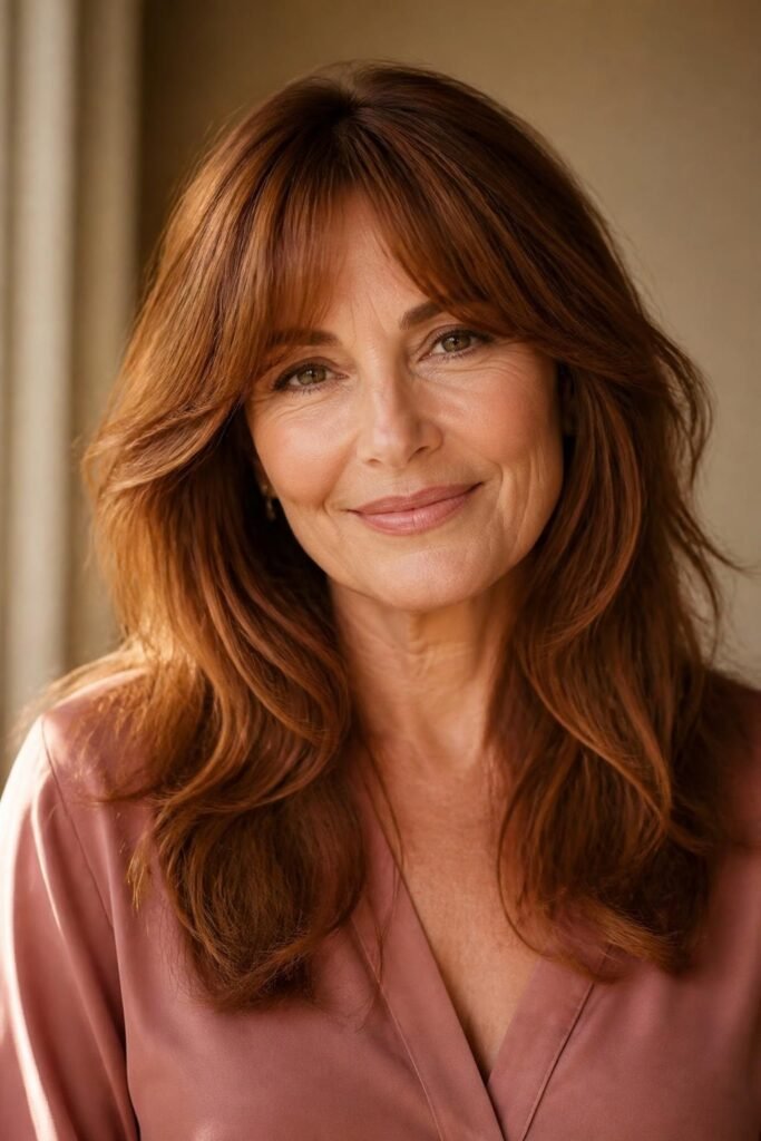 Woman over 50 with long auburn layers and soft curtain bangs