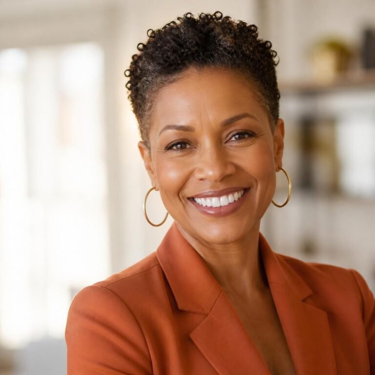 Black woman in her 50s with a polished tapered natural curly haircut