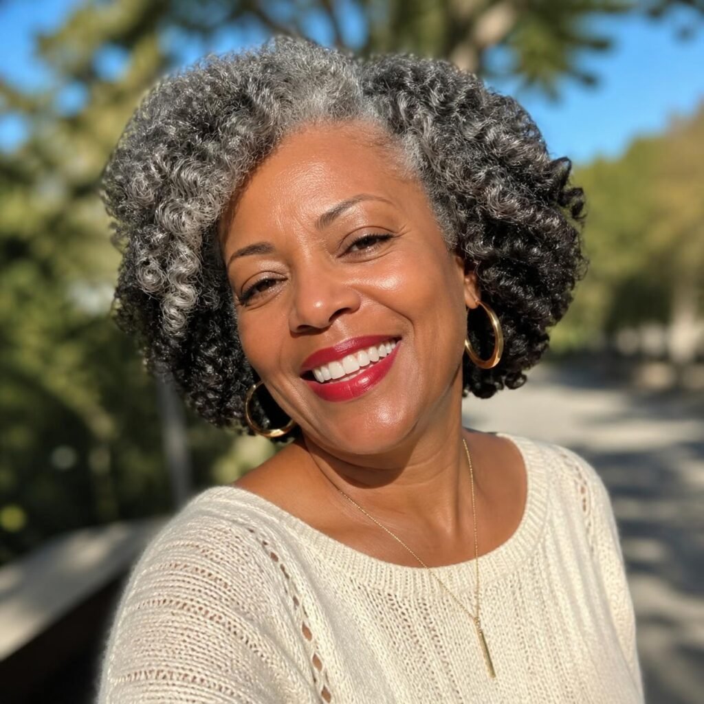 Black woman in her 50s with a silver and grey twist-out natural hairstyle