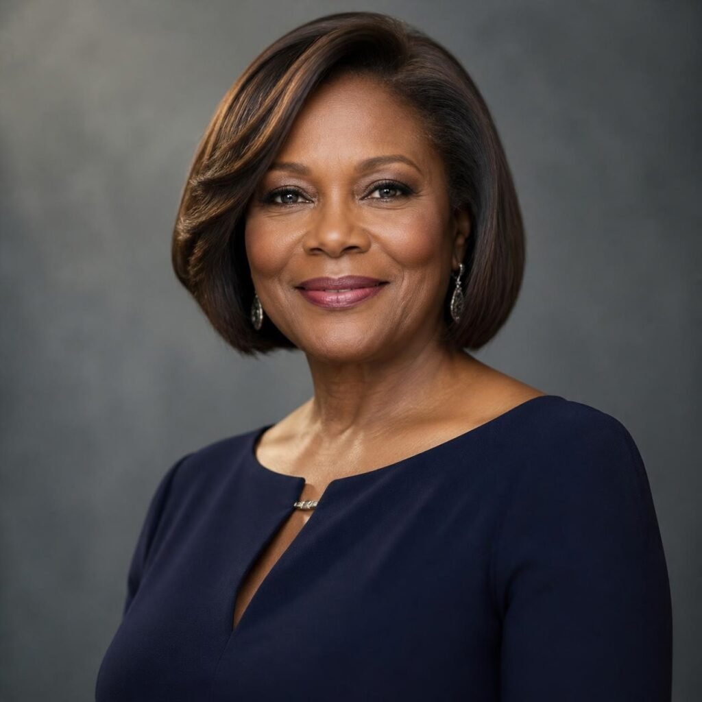 Black woman in her 50s with a sleek chin-length bob in deep brown