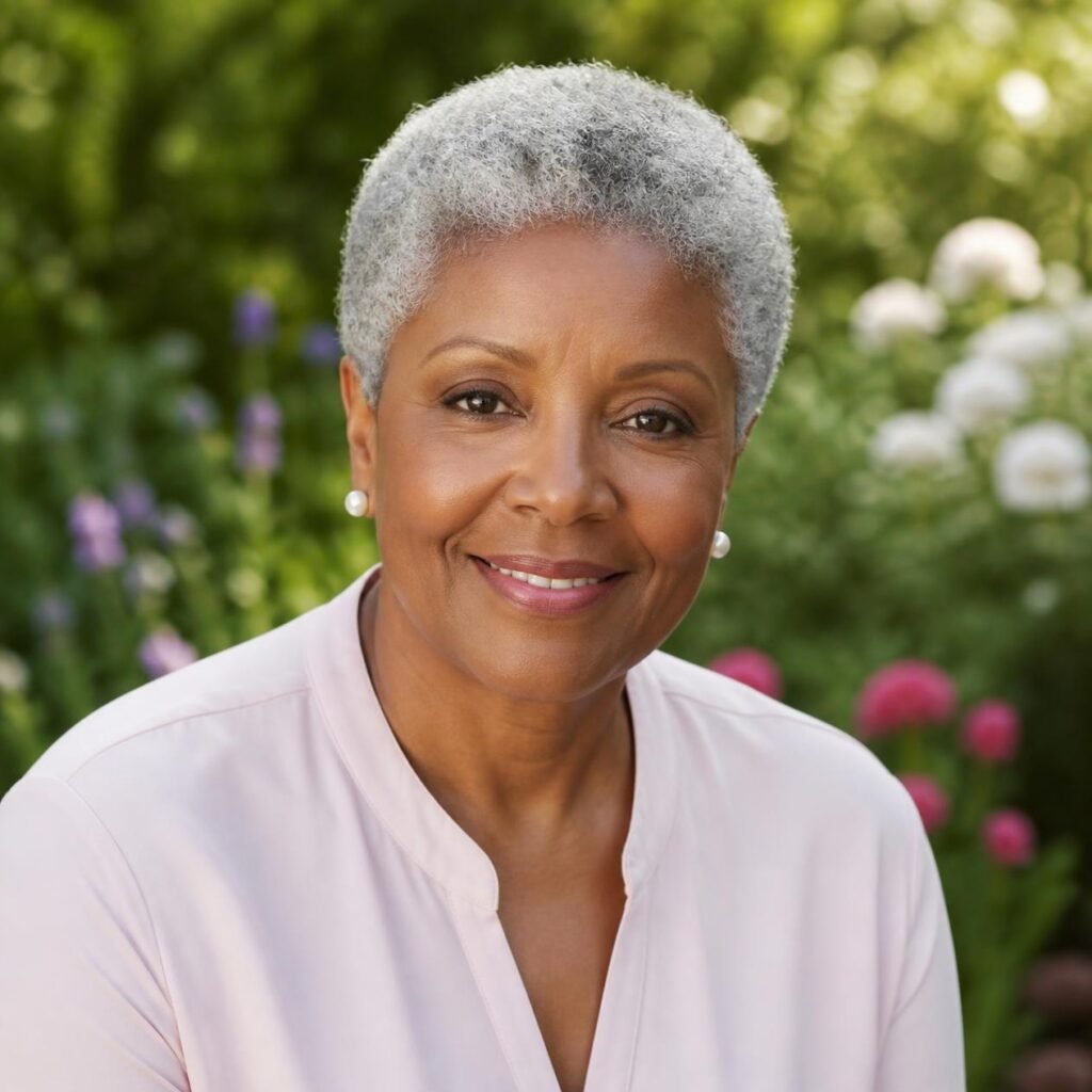 Black woman in her late 50s with short cropped natural silver curls