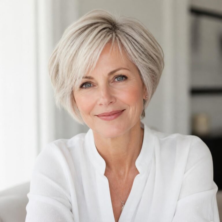 Woman in her 50s with a soft layered cut in fine champagne silver hair