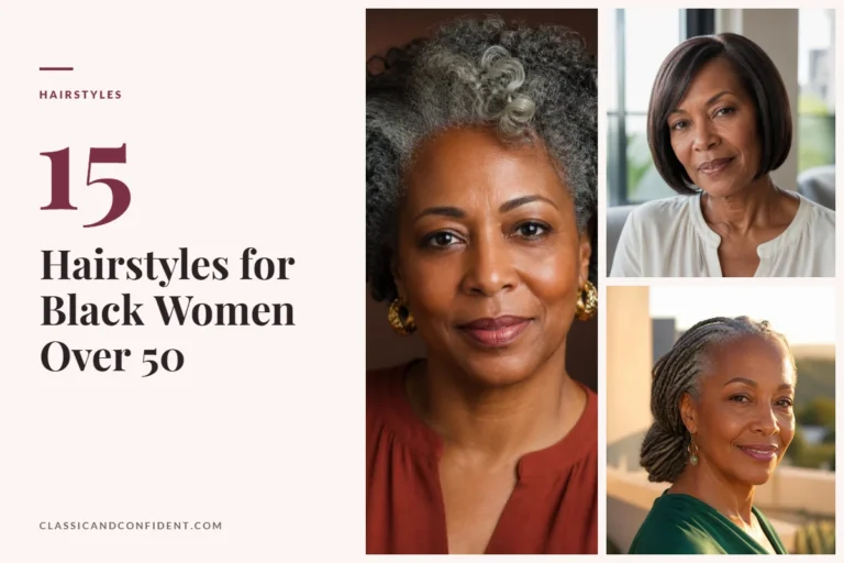 Three Black women over 50 with a silver twist-out, a sleek silk-press bob and silver locs