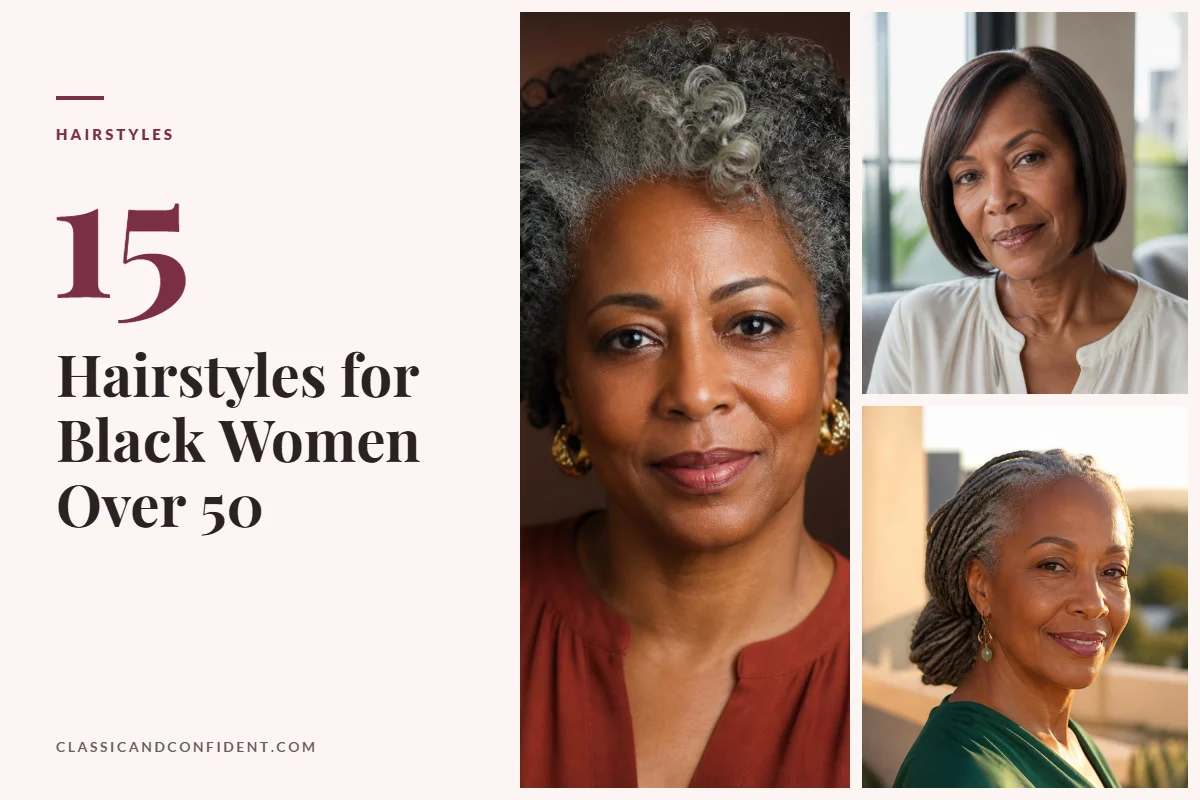 Three Black women over 50 with a silver twist-out, a sleek silk-press bob and silver locs
