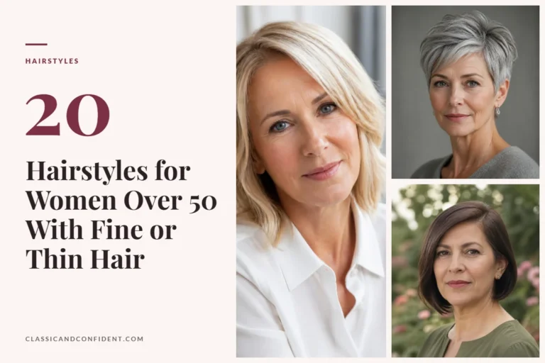 Three women over 50 with fine hair: a soft layered collarbone cut, a textured gray pixie and a blunt chin-length bob
