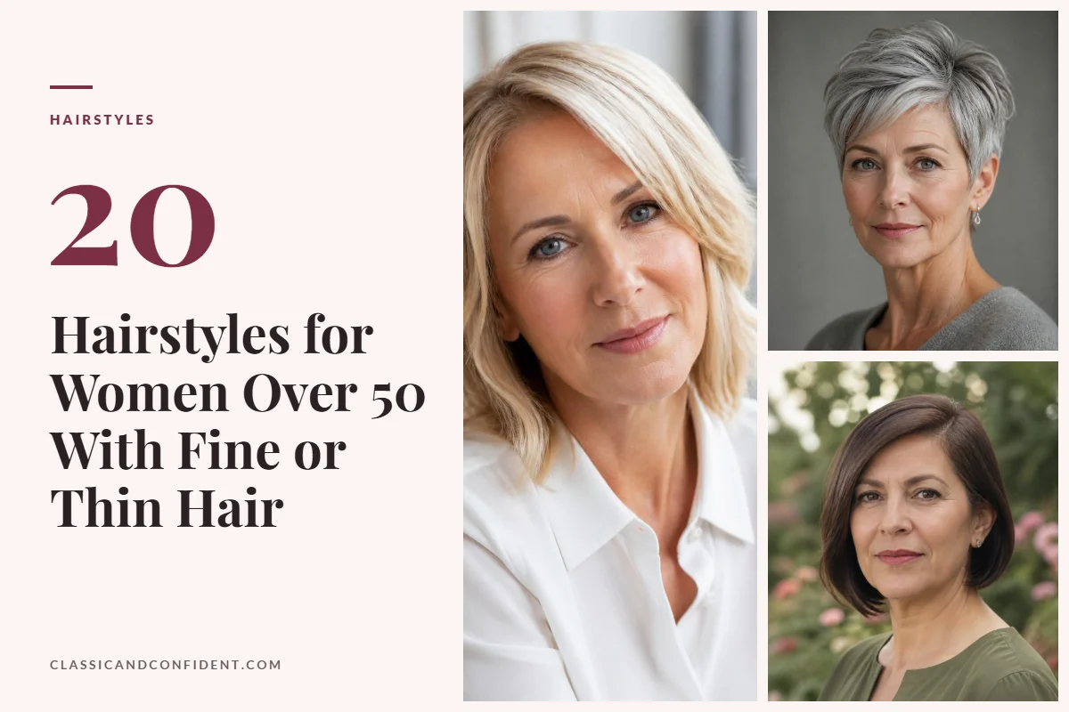 Three women over 50 with fine hair: a soft layered collarbone cut, a textured gray pixie and a blunt chin-length bob