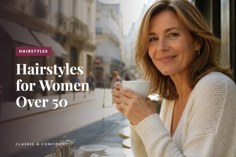 Woman over 50 with feathered collarbone layers at a sidewalk cafe – Hairstyles for Women Over 50