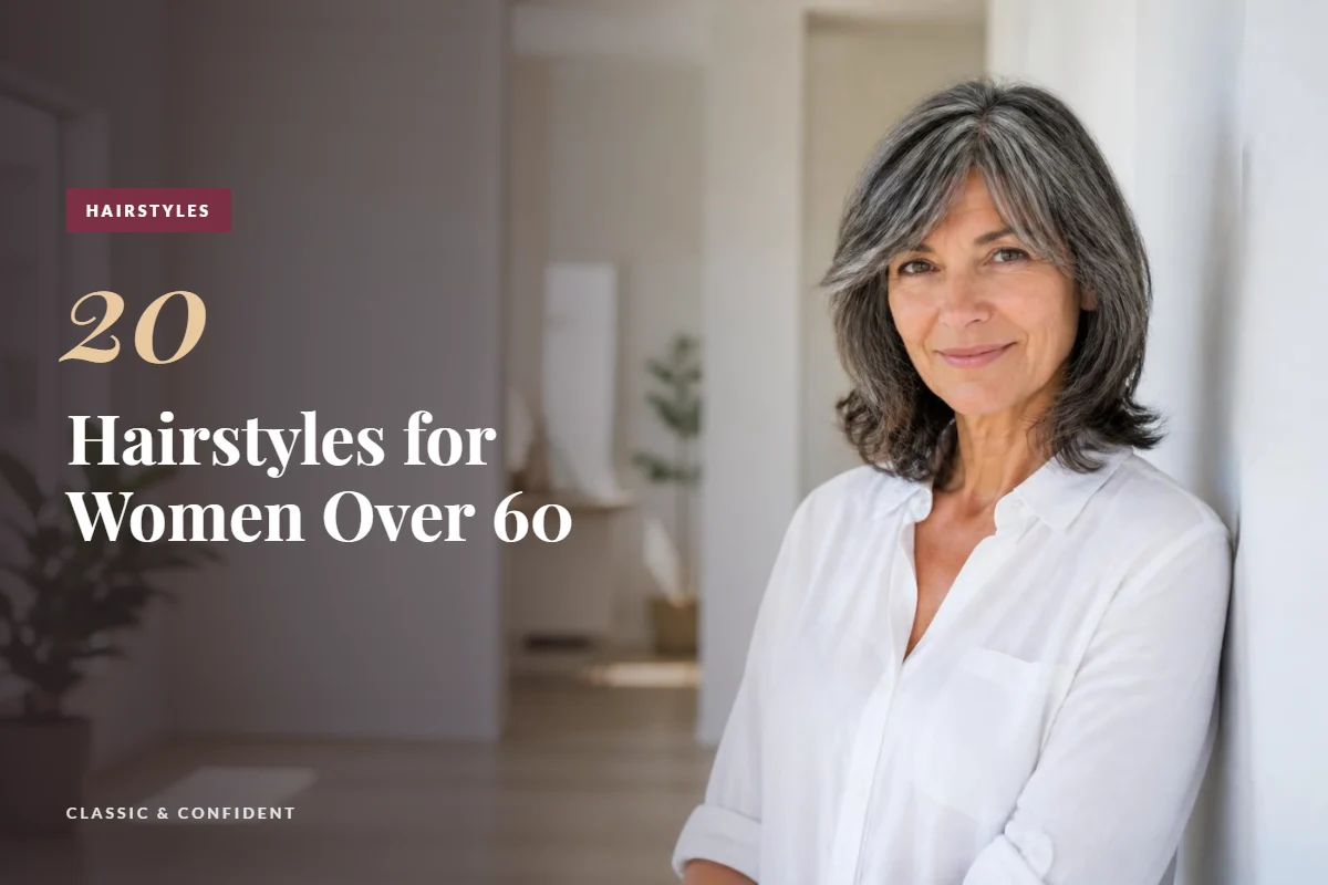 Woman in her 60s with a layered shoulder-length salt-and-pepper cut with side bangs