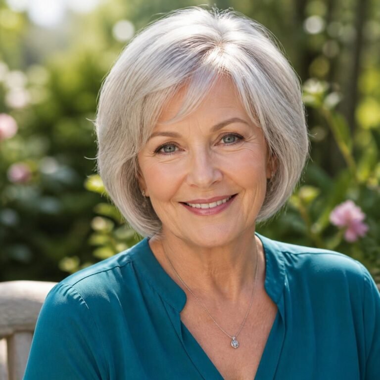 Woman in her 60s with a soft layered chin-length cut in fine silver hair